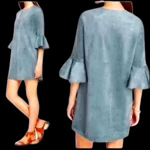 BCBGMAXARIA Catier Faux Suede Dusty Blue Mini Dress With Bell Sleeves